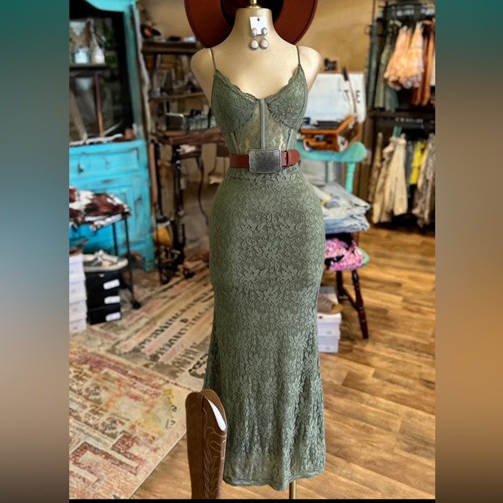 Olive lace strap midi dress